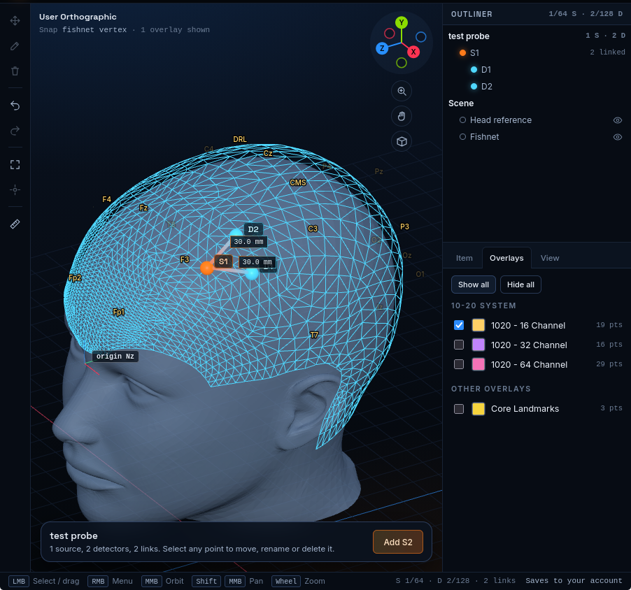 The Neurodesy 3D Probe Designer: a head model under a fishnet mesh with a
                    source and two detectors placed on the scalp, link lengths labelled in
                    millimetres, beside the outliner and overlay panels.